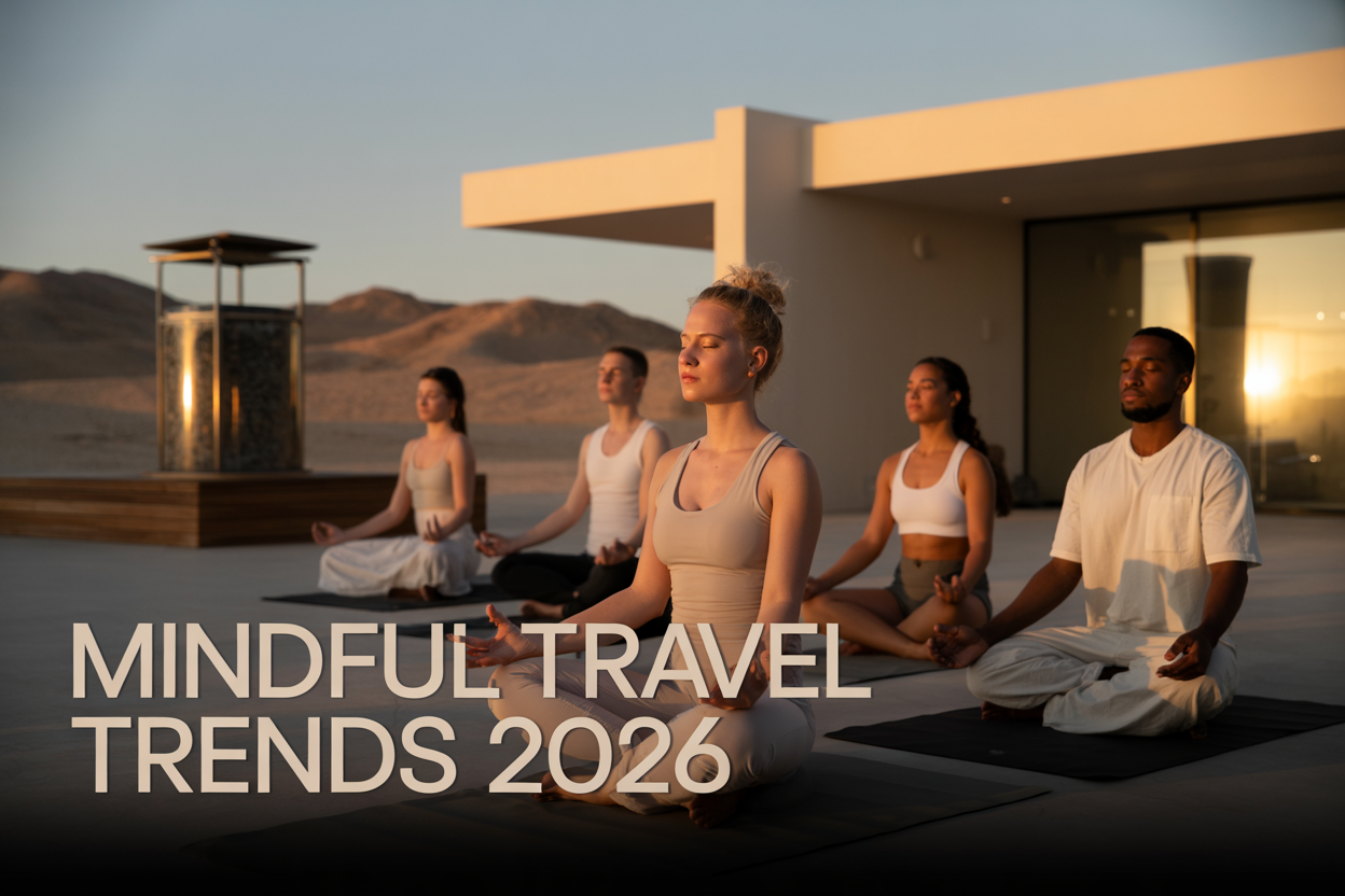 Create a realistic image of a serene wellness travel scene featuring a diverse group including a white female and black male practicing meditation in a modern desert wellness retreat at sunset, with contemporary geometric architecture, a traditional sauna structure, and stargazing equipment visible in the background, warm golden lighting creating peaceful shadows, desert mountains on the horizon, with elegant text overlay reading "Mindful Travel Trends 2026" in modern sans-serif font, conveying a sense of transformation, connection, and innovative wellness experiences.