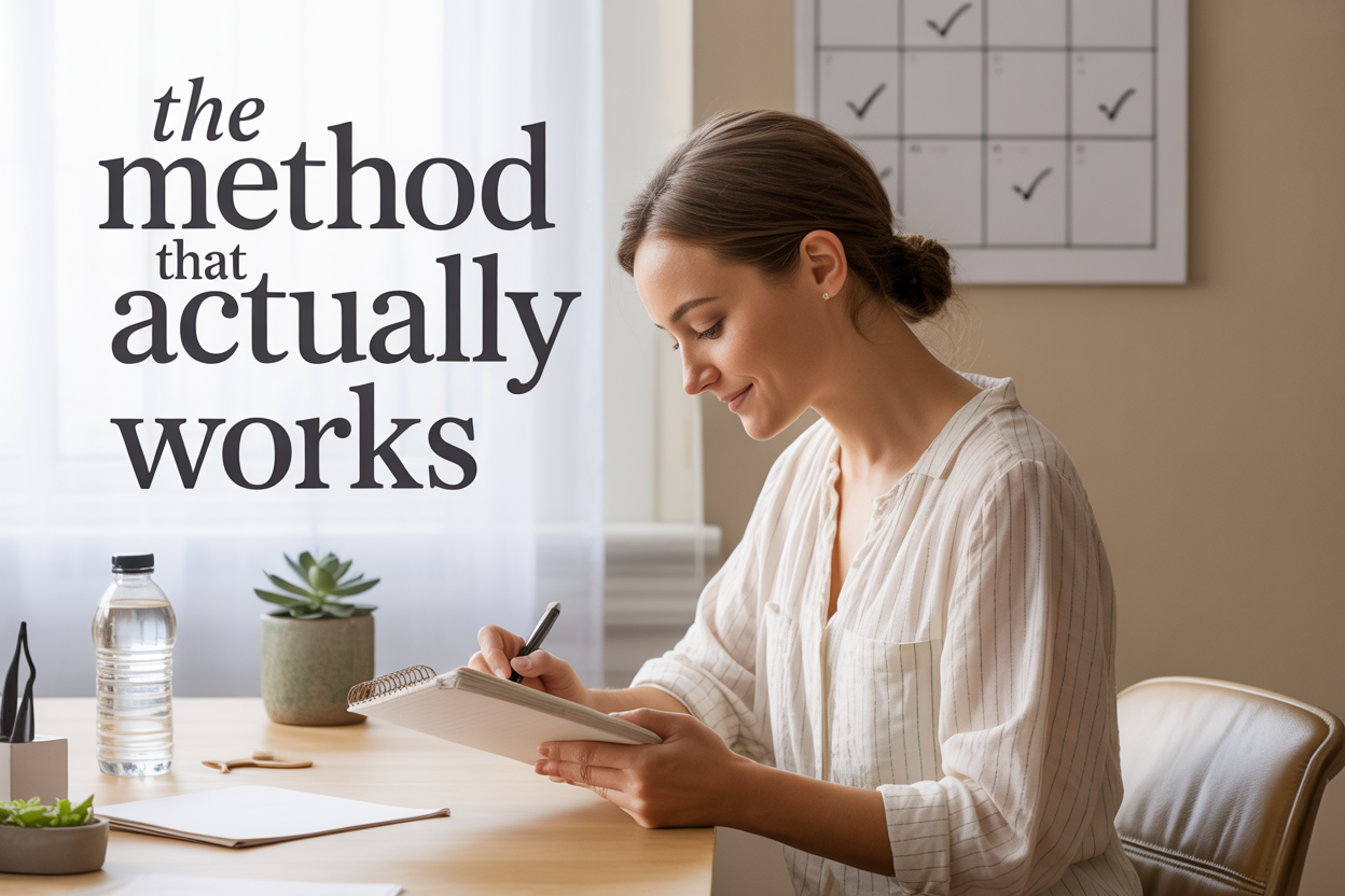 Create a realistic image of a serene white female in her 30s sitting at a clean wooden desk, writing in a journal with a gentle smile, surrounded by subtle habit-building elements like a water bottle, small potted plant, and a simple wall calendar with small checkmarks, soft natural lighting from a window creating a calm and hopeful atmosphere, with the text "The Method That Actually Works" elegantly displayed in modern typography at the top of the image, warm neutral tones throughout the scene conveying success and sustainable progress.