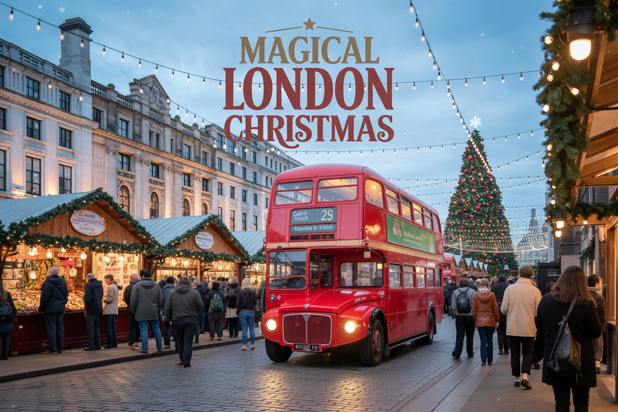 Create a realistic image of a festive London Christmas scene featuring iconic red double-decker buses decorated with Christmas lights driving past illuminated Christmas markets with wooden stalls, twinkling fairy lights strung overhead, a decorated Christmas tree in the background, people of diverse backgrounds browsing the markets wearing winter coats and scarves, warm golden lighting from market stalls contrasting with cool evening blue sky, falling snowflakes, and elegant text overlay reading "Magical London Christmas" in festive red and gold lettering.
