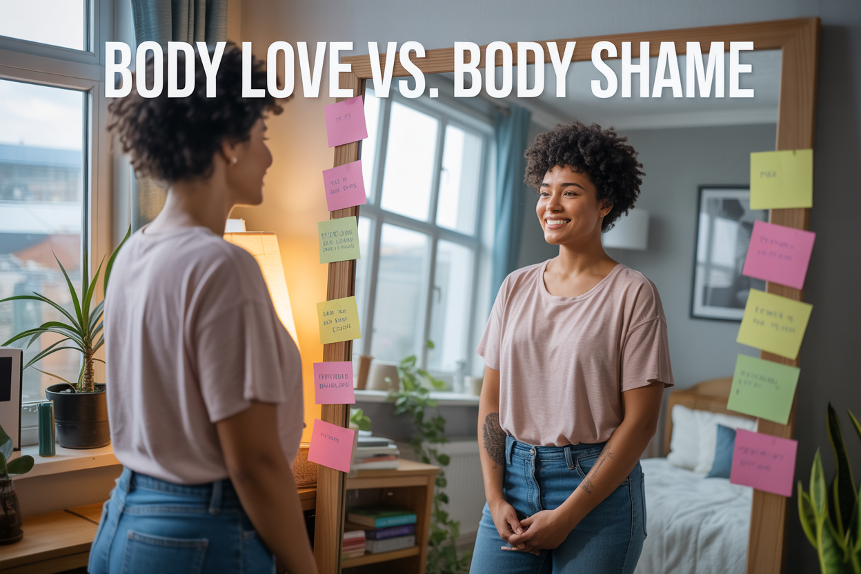 Create a realistic image of a diverse woman (mixed race, female) standing confidently in front of a large mirror, with her reflection showing a warm, accepting smile, surrounded by soft natural lighting from a nearby window, with motivational sticky notes on the mirror frame, and the text "Body Love vs. Body Shame" elegantly overlaid at the top of the image, set in a cozy bedroom environment with plants and books visible in the background, conveying a peaceful and empowering atmosphere of self-acceptance and personal growth.
