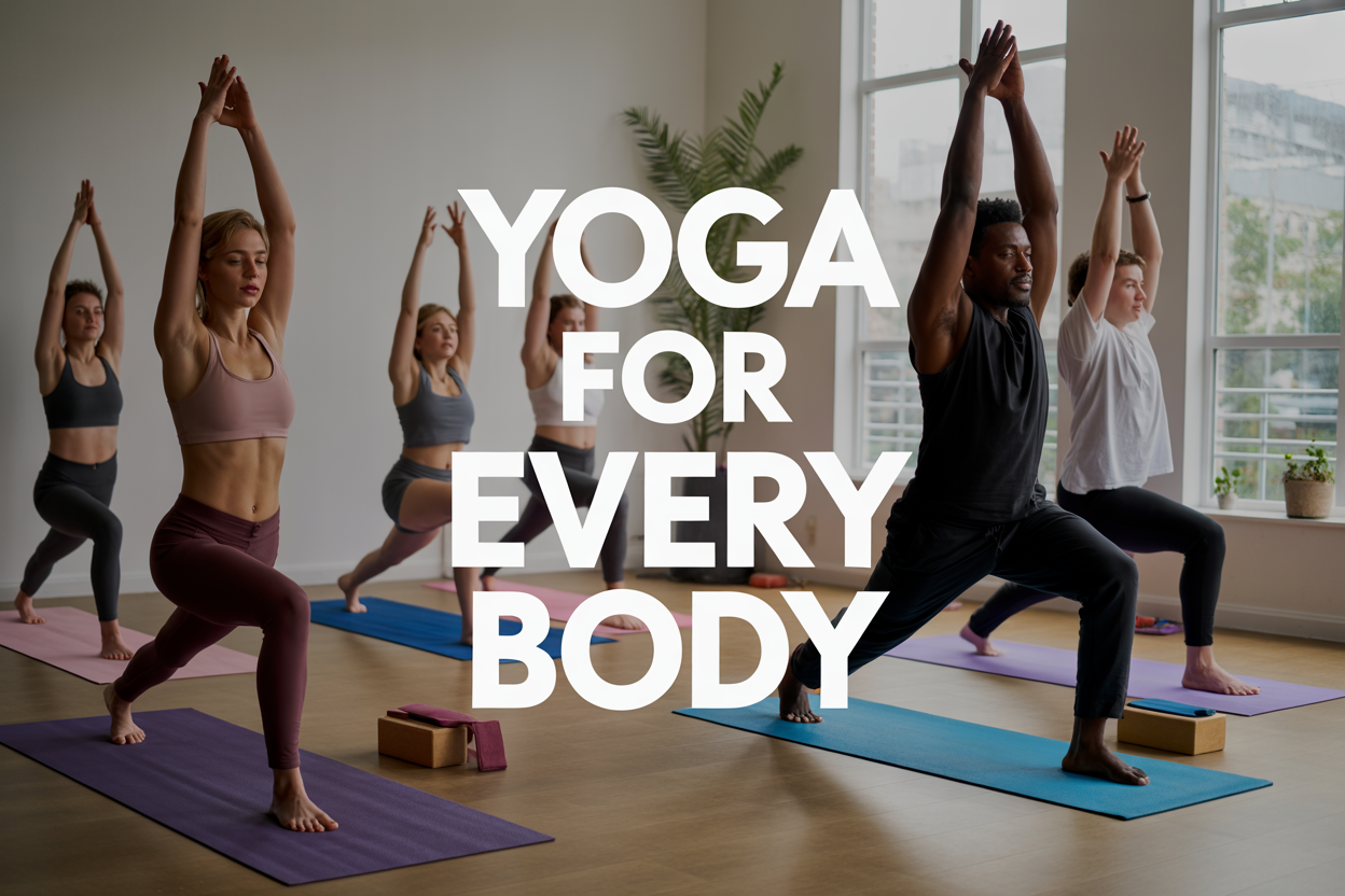 Create a realistic image of diverse people of different body types, ages, and races (including a white woman, black man, and Asian woman) practicing modified yoga poses on colorful mats in a bright, welcoming studio with natural lighting streaming through large windows, showing adaptive props like blocks and straps being used, with the text "Yoga for Every Body" prominently displayed in modern, inclusive typography overlaying the scene.