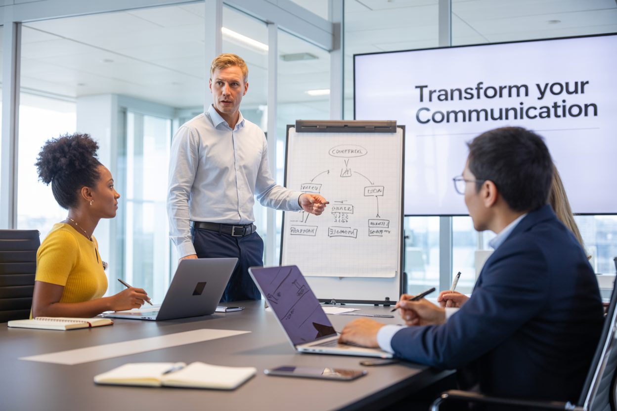 Create a realistic image of a modern professional setting with a diverse group of people in a conference room, including a white male presenter standing at a whiteboard with clear diagrams and communication flow charts, a black female and an Asian male sitting at a sleek conference table taking notes, with laptops and notebooks open, bright natural lighting from large windows, clean minimalist office background with glass walls, and the text "Transform Your Communication" prominently displayed on a digital screen or wall graphic, conveying an atmosphere of learning and professional development.