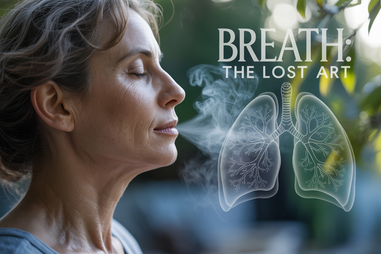 Create a realistic image of a serene close-up of a person's profile showing peaceful breathing with visible breath mist, featuring a diverse middle-aged woman with closed eyes in a meditative pose, soft natural lighting creating a calming atmosphere, with anatomical lungs subtly illustrated in translucent overlay, surrounded by gentle bokeh effects and natural elements like leaves or water droplets, with the text "BREATH: The Lost Art" elegantly positioned in modern typography, conveying wellness and mindfulness in muted blue and green tones.