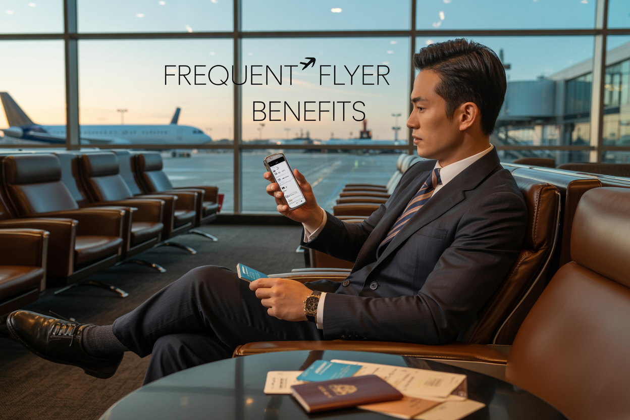 Create a realistic image of a modern airport terminal scene with a well-dressed Asian male business traveler in a suit sitting in a premium lounge area, holding a smartphone displaying a frequent flyer app interface, with airplane boarding passes and a passport on the table beside him, luxurious lounge seating and large windows showing aircraft on the tarmac in the background, warm ambient lighting creating a professional and aspirational atmosphere, with the text "FREQUENT FLYER BENEFITS" elegantly overlaid in the upper portion of the image.