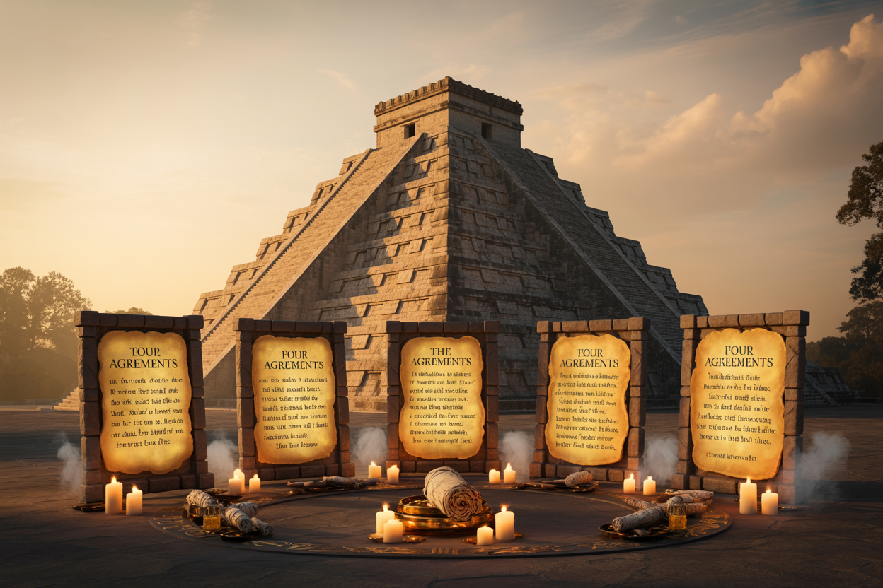 Create a realistic image of an ancient Mesoamerican pyramid temple silhouetted against a golden sunset sky, with four stone tablets or scrolls arranged in the foreground containing glowing golden text that reads "The Four Agreements", surrounded by soft candlelight and sage smoke, creating a mystical atmosphere that bridges ancient Toltec wisdom with modern spirituality, featuring warm amber and gold lighting that emphasizes the connection between historical knowledge and contemporary mental clarity practices.