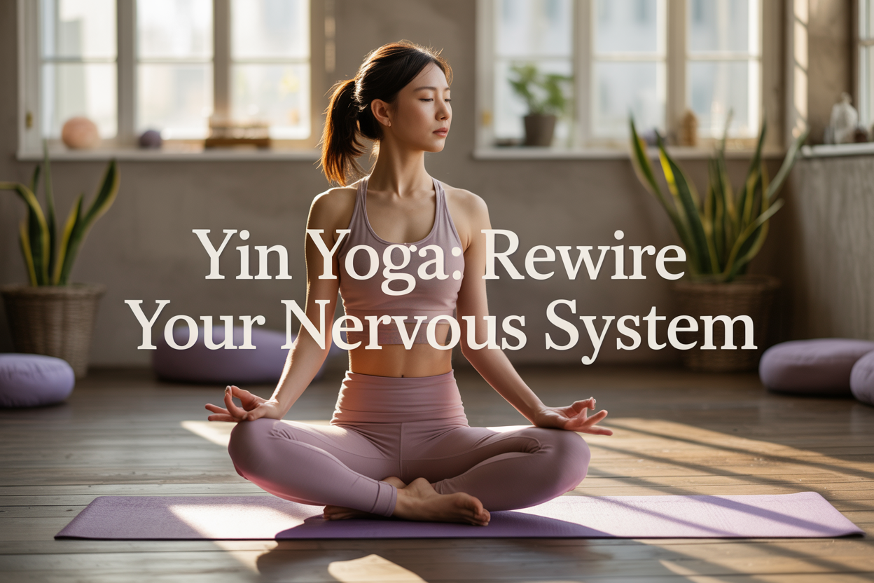 Create a realistic image of a serene Asian female in comfortable yoga attire performing a gentle yin yoga pose on a soft purple yoga mat in a peaceful indoor studio setting with warm natural lighting filtering through windows, surrounded by subtle elements like meditation cushions and plants, with the text "Yin Yoga: Rewire Your Nervous System" elegantly overlaid in calming typography, capturing a tranquil and restorative atmosphere that emphasizes slow mindful movement and inner wellness.