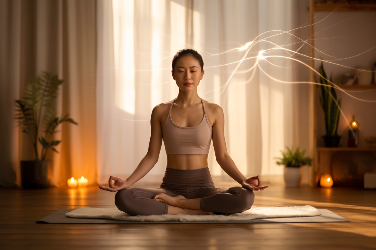 Create a realistic image of a serene Asian female in her 30s sitting in a peaceful yin yoga pose on a soft yoga mat in a minimalist, warmly-lit room with natural wooden floors, surrounded by gentle candlelight and small potted plants, her eyes closed in deep meditation with a calm expression showing inner peace and relaxation, soft golden hour lighting filtering through sheer curtains creating a tranquil atmosphere that conveys the transformative and restorative nature of slow yoga practice, with subtle neural pathway-like light patterns softly glowing in the background to represent nervous system healing, absolutely NO text should be in the scene.