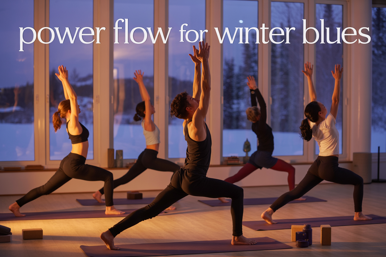Create a realistic image of a serene yoga studio with large windows showing a snowy winter landscape outside, featuring a diverse group of people (including a white female, black male, and Asian female) performing dynamic power flow yoga poses on purple yoga mats, with warm golden lighting creating a cozy atmosphere inside contrasting with the cold blue tones of winter outside, yoga blocks and props scattered around, and the text "Power Flow for Winter Blues" elegantly overlaid in modern typography at the top of the image.