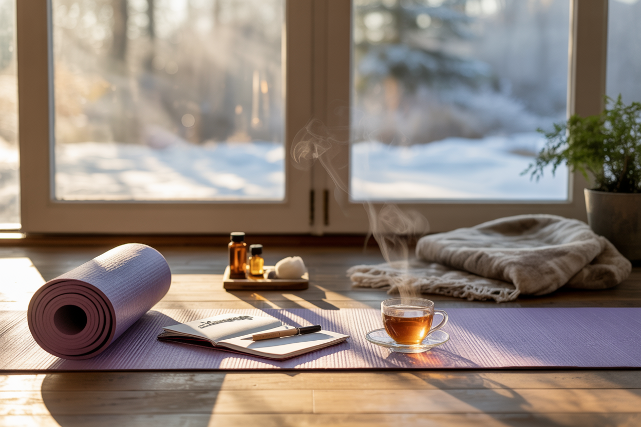 Create a realistic image of a serene indoor wellness space with a yoga mat laid out on a wooden floor, surrounded by elements representing a personalized winter routine including a journal with a pen, a steaming cup of herbal tea, essential oil bottles, a cozy blanket, and a small potted plant, with soft natural lighting filtering through a frost-covered window showing winter scenery outside, creating a warm and peaceful atmosphere that conveys self-care and mindful planning. Absolutely NO text should be in the scene.