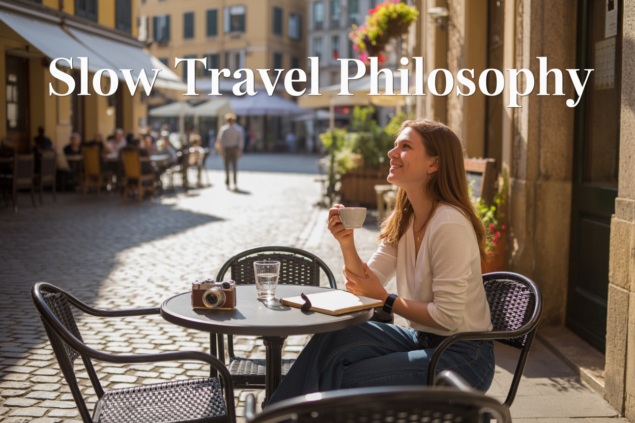 Create a realistic image of a cozy outdoor café terrace in a European cobblestone square during golden hour, featuring a white female traveler in her 30s sitting at a small wooden table with a journal, coffee cup, and vintage camera, surrounded by local architecture with warm stone buildings and hanging flower baskets, soft natural lighting creating long shadows across the peaceful scene, with the text "Slow Travel Philosophy" elegantly overlaid in serif font at the top of the image, conveying a sense of mindful exploration and unhurried discovery.