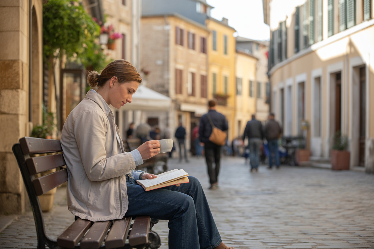 Create a realistic image of a peaceful traveler sitting on a wooden bench in a quiet European village square, reading a travel journal with a cup of coffee nearby, surrounded by historic stone buildings, cobblestone streets, and locals going about their daily routines in the background, with soft golden hour lighting creating a contemplative and unhurried atmosphere that embodies the essence of mindful, intentional travel. Absolutely NO text should be in the scene.