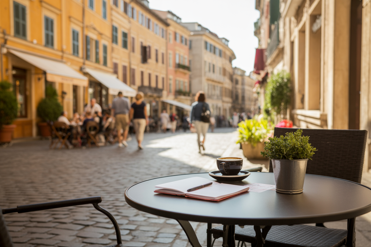 Create a realistic image of a serene travel scene showing the concept of extended stay in one location, featuring a cozy outdoor café table with a journal, coffee cup, and small potted plant, overlooking a picturesque European cobblestone street with historic buildings, soft golden hour lighting casting warm shadows, peaceful atmosphere suggesting unhurried exploration and deep connection with place, background showing locals going about their daily routines, emphasizing the contrast between quick tourism and mindful slow travel experience. Absolutely NO text should be in the scene.