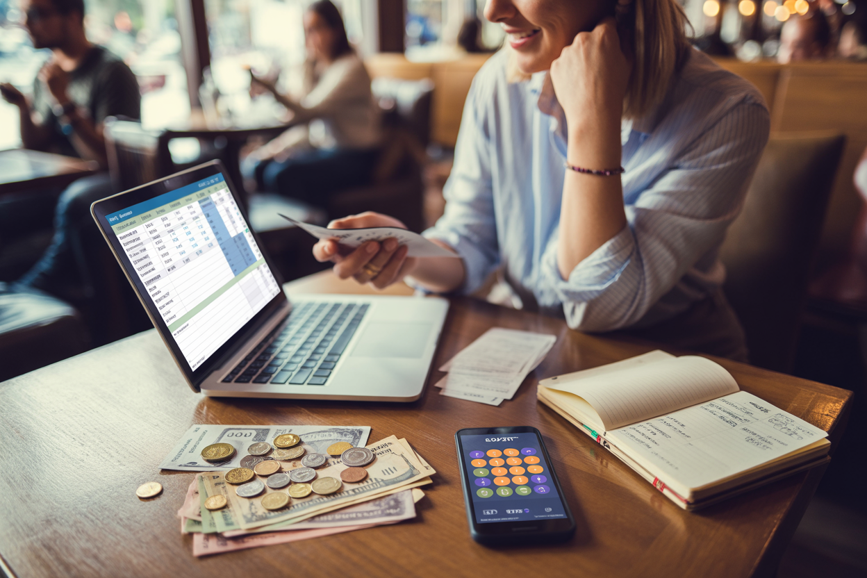 Create a realistic image of a cozy coffee shop table scene showing financial planning for extended travel, featuring a white female traveler in her late twenties sitting at a wooden table with an open laptop displaying a budget spreadsheet, scattered coins and bills from different countries, a small stack of receipts, a smartphone with a currency converter app, and a travel journal with handwritten notes, surrounded by a warm cafe atmosphere with soft natural lighting from a nearby window, other travelers blurred in the background, emphasizing the cost-saving benefits of slow travel through visual money management elements, absolutely NO text should be in the scene.