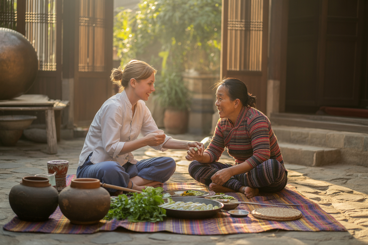 Create a realistic image of a white female traveler sitting cross-legged on a colorful woven mat in a traditional Asian courtyard, learning to prepare local food alongside an elderly Asian woman in traditional clothing, with clay pots, fresh herbs, and cooking utensils scattered around them, warm golden afternoon sunlight filtering through bamboo screens, creating an intimate cultural exchange scene that conveys authentic local immersion and meaningful connection between cultures. Absolutely NO text should be in the scene.