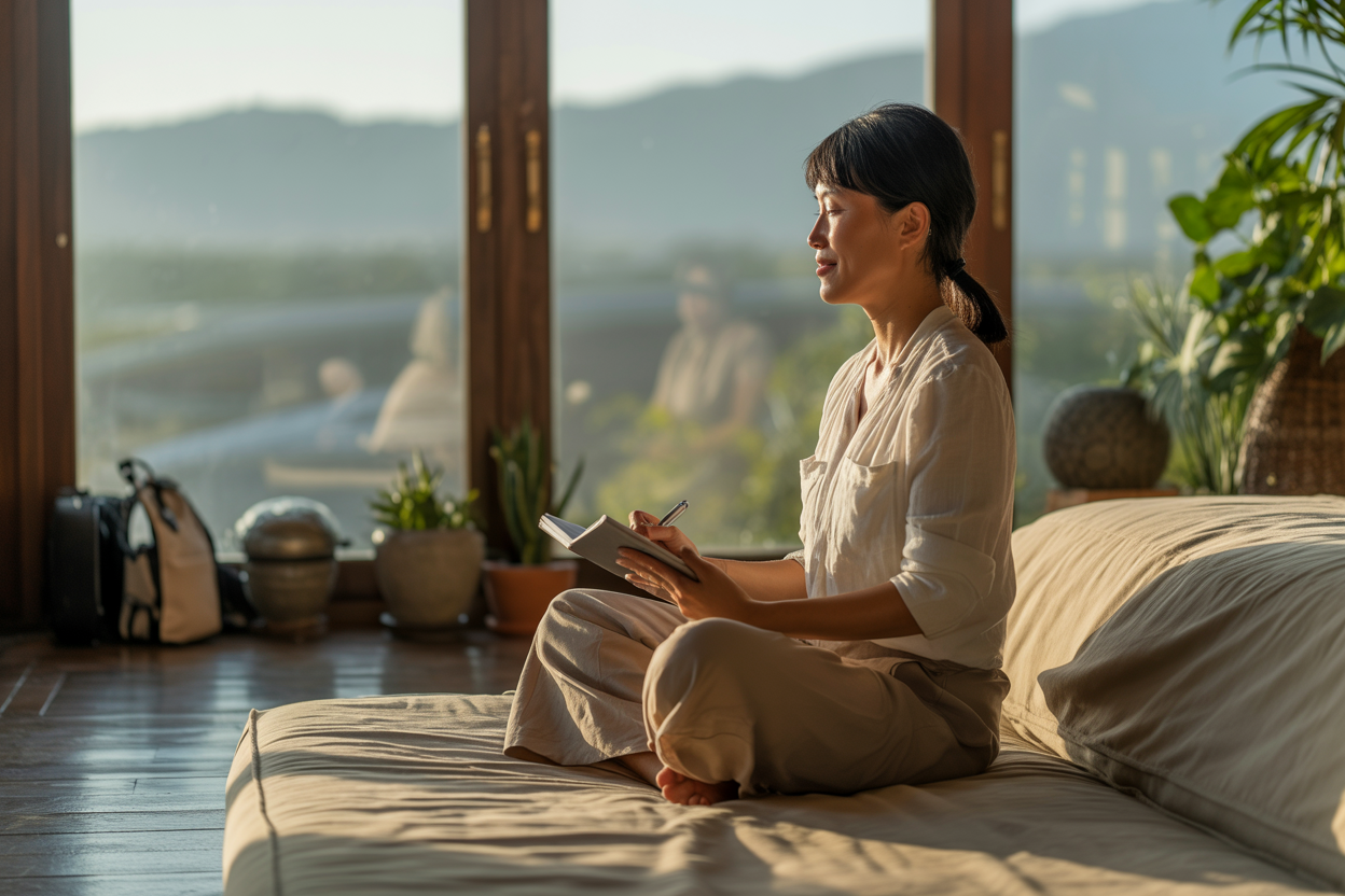 Create a realistic image of a peaceful Asian female traveler in her 30s sitting cross-legged on a comfortable cushion in a serene accommodation with large windows overlooking a tranquil landscape, she appears relaxed and content while journaling in a notebook, soft natural morning light streams through the windows illuminating potted plants and travel items arranged neatly nearby, the atmosphere conveys calmness and mindfulness with warm earth tones and gentle shadows creating a meditative mood that represents mental wellness and personal rejuvenation during extended travel stays, absolutely NO text should be in the scene.