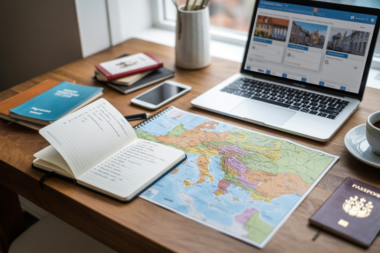 Create a realistic image of a wooden desk or table with travel planning materials spread out including an open notebook with handwritten itinerary, a detailed paper map of a European city, a few travel guidebooks, a laptop computer showing accommodation booking websites, a smartphone, a passport, and a cup of coffee, with natural daylight streaming through a nearby window creating a warm and organized planning atmosphere, shot from a slightly elevated angle to show all the planning materials clearly, Absolutely NO text should be in the scene.