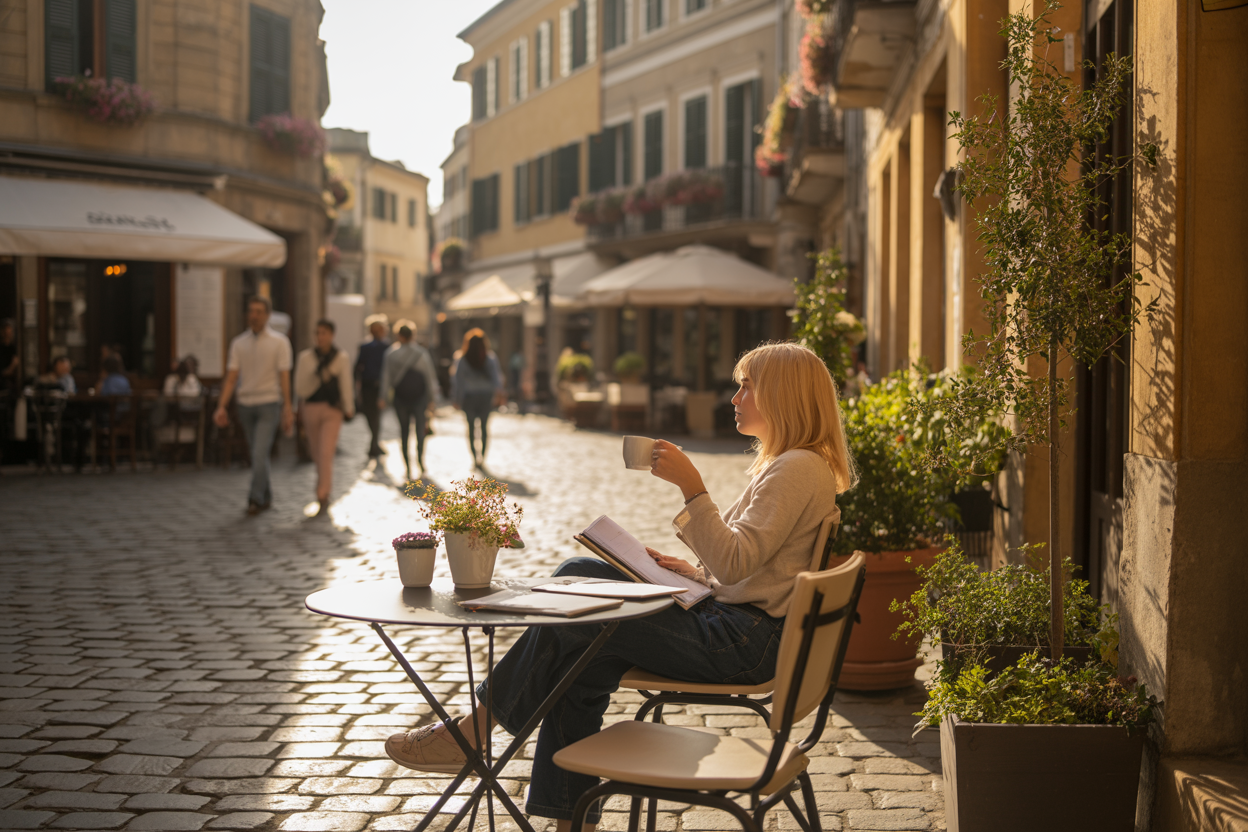 Create a realistic image of a peaceful outdoor café terrace overlooking a charming European cobblestone square, with a single white female traveler in her 30s sitting relaxedly at a wooden table with a journal and coffee cup, surrounded by local architecture including old stone buildings and flowering window boxes, warm golden hour lighting casting long shadows across the scene, potted plants and vintage chairs creating an intimate atmosphere that suggests unhurried exploration and mindful travel, with distant locals walking slowly through the square, conveying a sense of belonging and deep connection to place rather than rushed tourism, absolutely NO text should be in the scene.