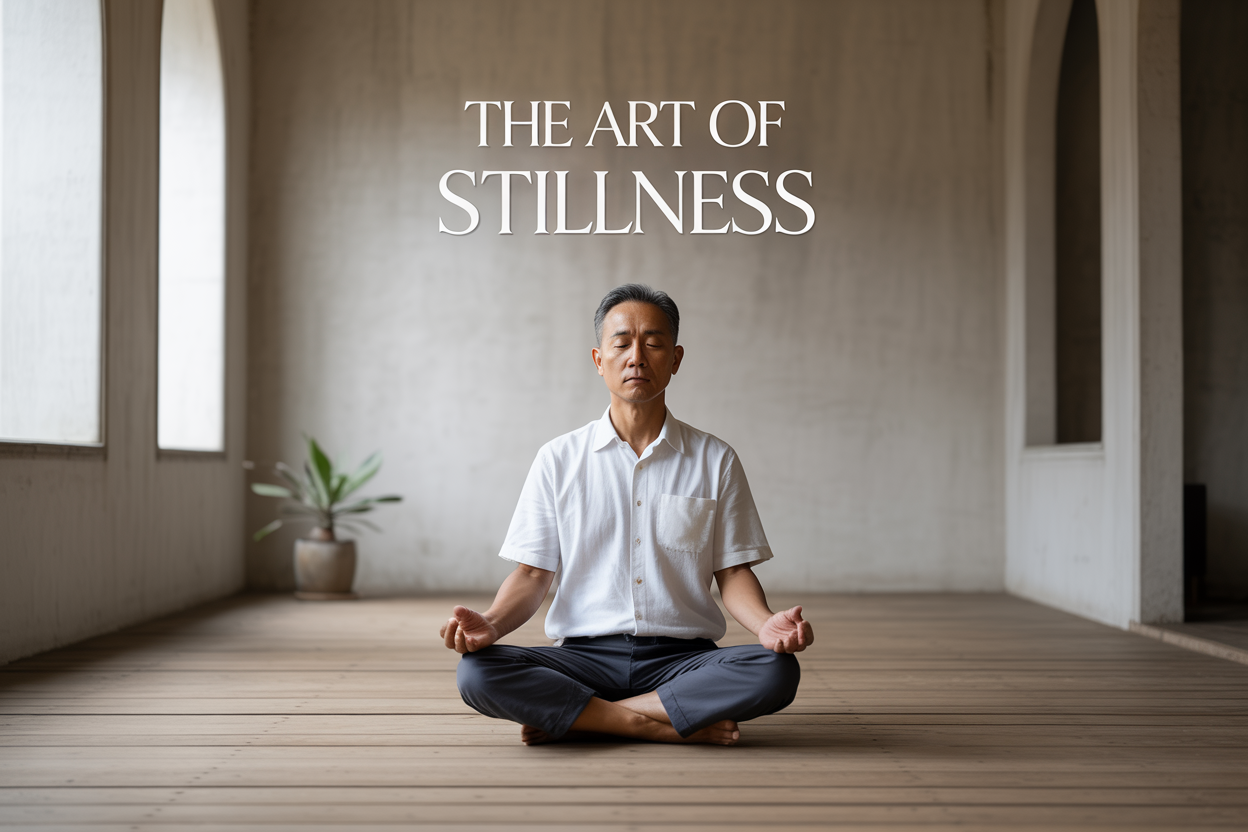 Create a realistic image of a serene meditation scene featuring a middle-aged Asian male sitting cross-legged in a peaceful lotus position on a simple wooden floor, surrounded by soft natural lighting filtering through large windows, with minimalist zen elements like a single potted plant and empty white walls in the background, capturing a sense of profound calm and contemplation, with the text "The Art of Stillness" elegantly overlaid in clean, modern typography at the top of the image, emphasizing the revolutionary power of doing nothing in our busy modern world.
