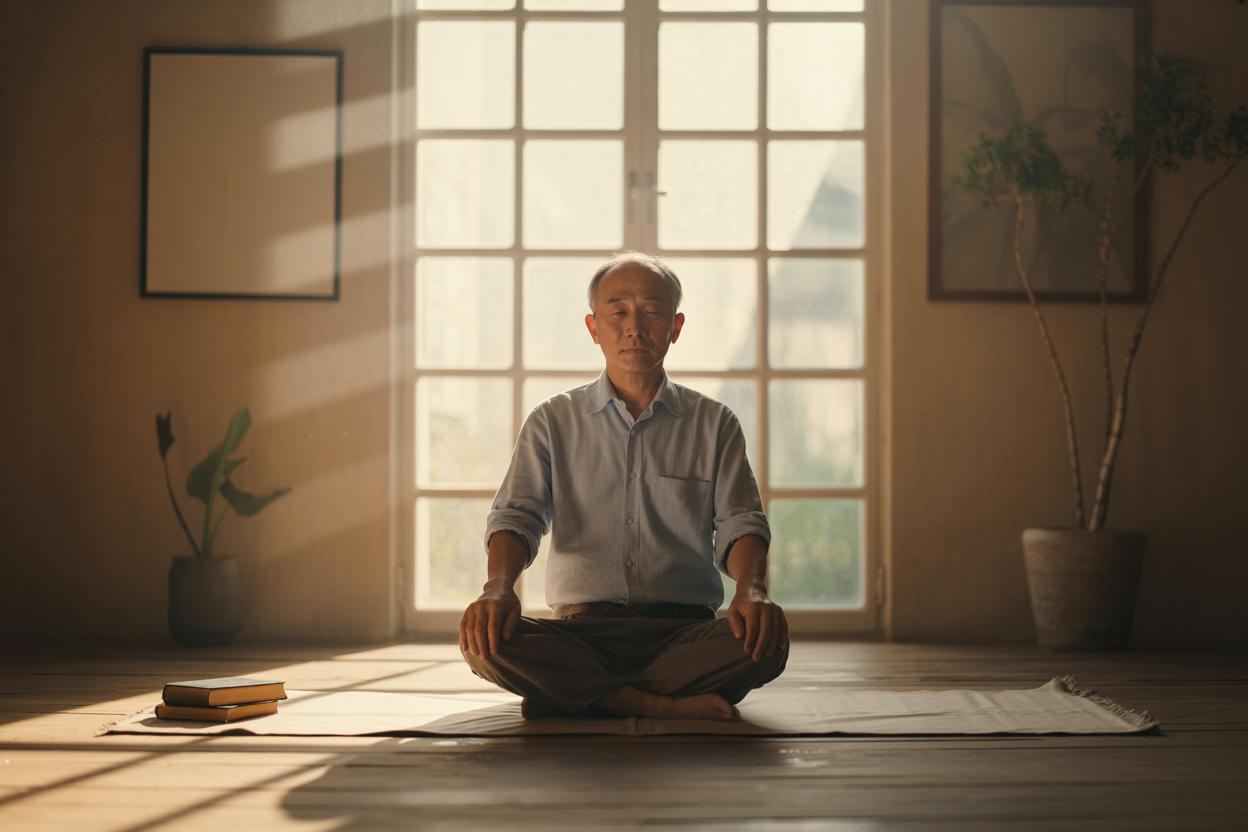 Create a realistic image of a serene Asian male in his 50s sitting cross-legged in perfect stillness on a simple cushion in a minimalist room with warm natural lighting streaming through a large window, surrounded by subtle elements like a single book, a small plant, and empty space that emphasizes the revolutionary power of doing nothing, with soft shadows and a peaceful atmosphere that conveys deep philosophical contemplation and inner calm, absolutely NO text should be in the scene.