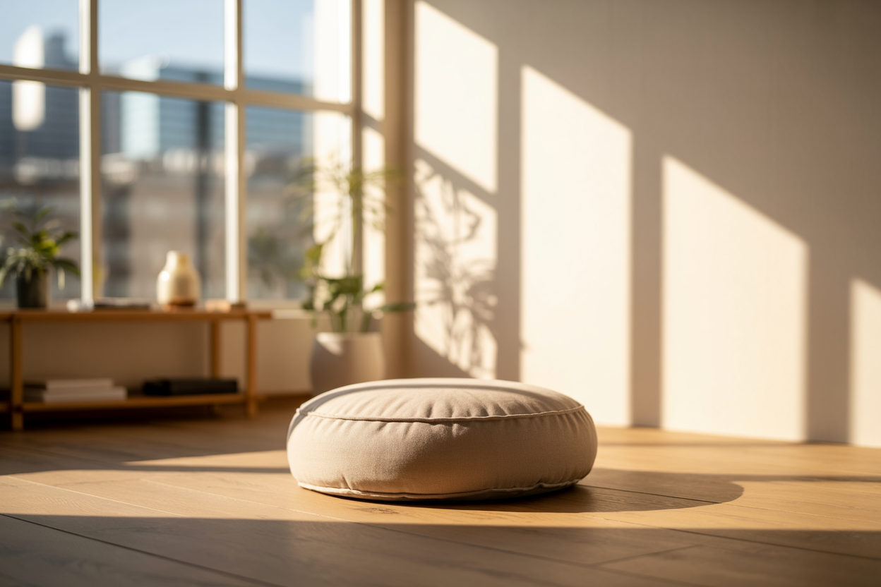 Create a realistic image of a serene meditation space with a comfortable cushion placed on a wooden floor in a minimally furnished room, soft natural light streaming through a large window, gentle shadows creating a peaceful atmosphere, with simple plants in the background and clean white walls, conveying tranquility and the power of stillness in contrast to the busy modern world outside the window showing blurred city lights, warm golden hour lighting, absolutely NO text should be in the scene.