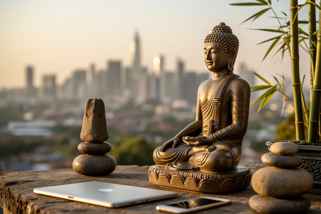 Create a realistic image of an ancient stone Buddha statue or meditation figure positioned in the foreground with a blurred modern city skyline visible in the background, featuring traditional elements like bamboo plants or prayer stones alongside contemporary objects like a smartphone or laptop placed nearby but powered off, with soft golden hour lighting creating a peaceful contrast between the timeless wisdom of the past and the fast-paced challenges of modern life, captured in a serene outdoor setting that bridges ancient and contemporary worlds, absolutely NO text should be in the scene.