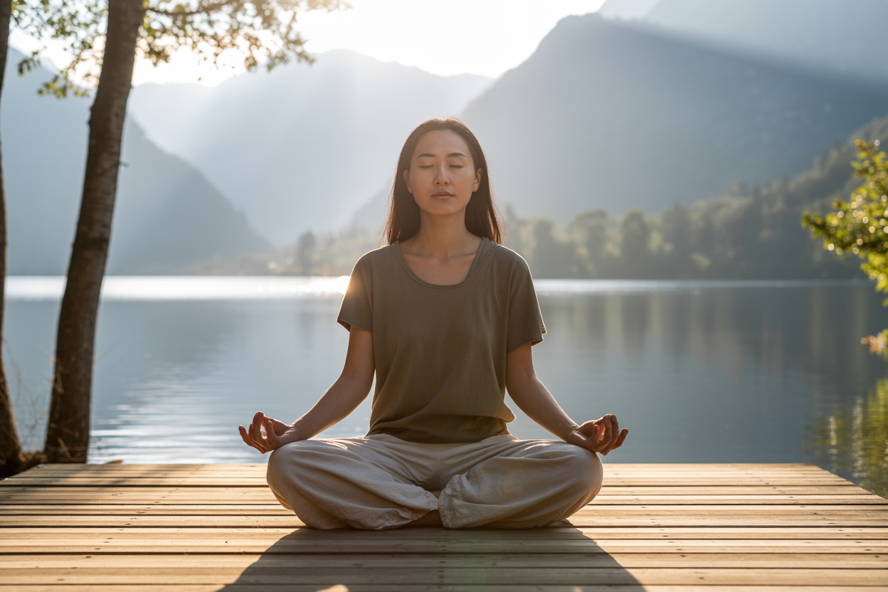 Create a realistic image of a serene Asian female sitting cross-legged in meditation pose on a wooden deck overlooking a calm lake surrounded by mountains, with soft morning sunlight filtering through trees, her eyes gently closed with a peaceful expression, wearing comfortable earth-tone clothing, with subtle elements like improved posture and relaxed shoulders suggesting physical and mental well-being, creating an atmosphere of tranquility and inner peace that demonstrates the tangible benefits of stillness practice, absolutely NO text should be in the scene.