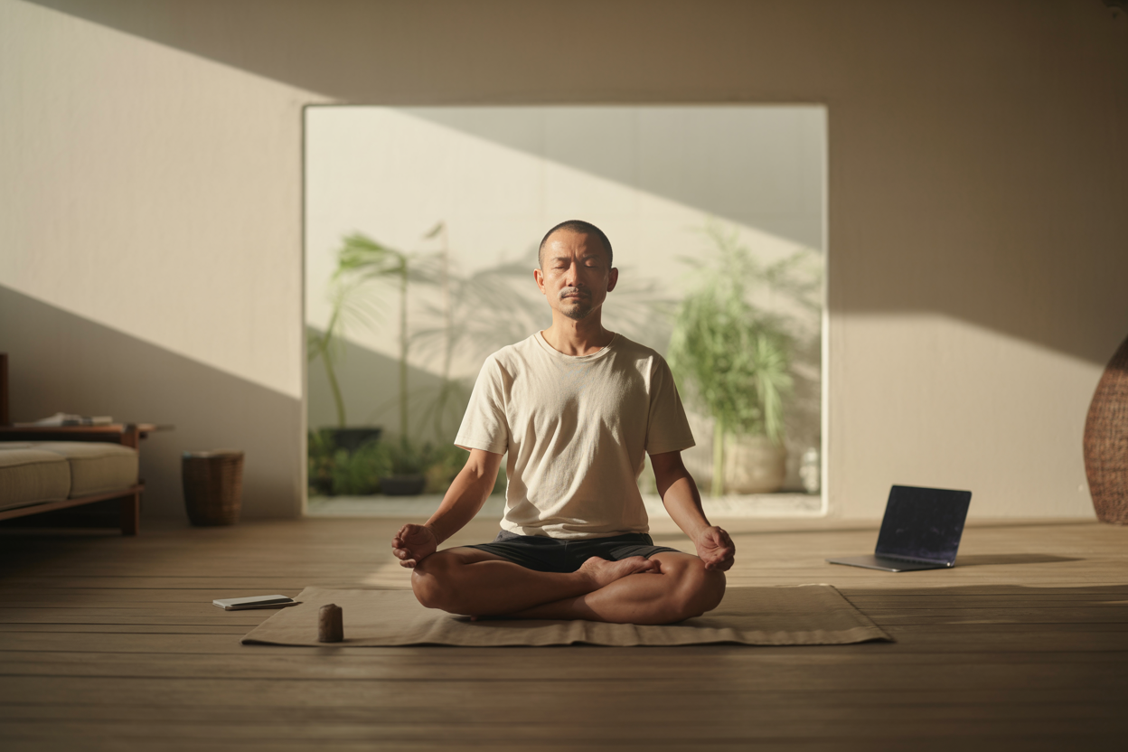 Create a realistic image of a serene meditation scene featuring a middle-aged Asian male sitting in lotus position on a simple cushion in a minimalist room with soft natural lighting filtering through a large window, surrounded by subtle elements of modern life like a closed laptop and smartphone placed at a distance, with the background showing a peaceful garden view through the window, creating a harmonious balance between contemporary living and ancient stillness practices, the overall mood conveying tranquility and revolutionary simplicity, with warm golden hour lighting casting gentle shadows across wooden floors and white walls, absolutely NO text should be in the scene.