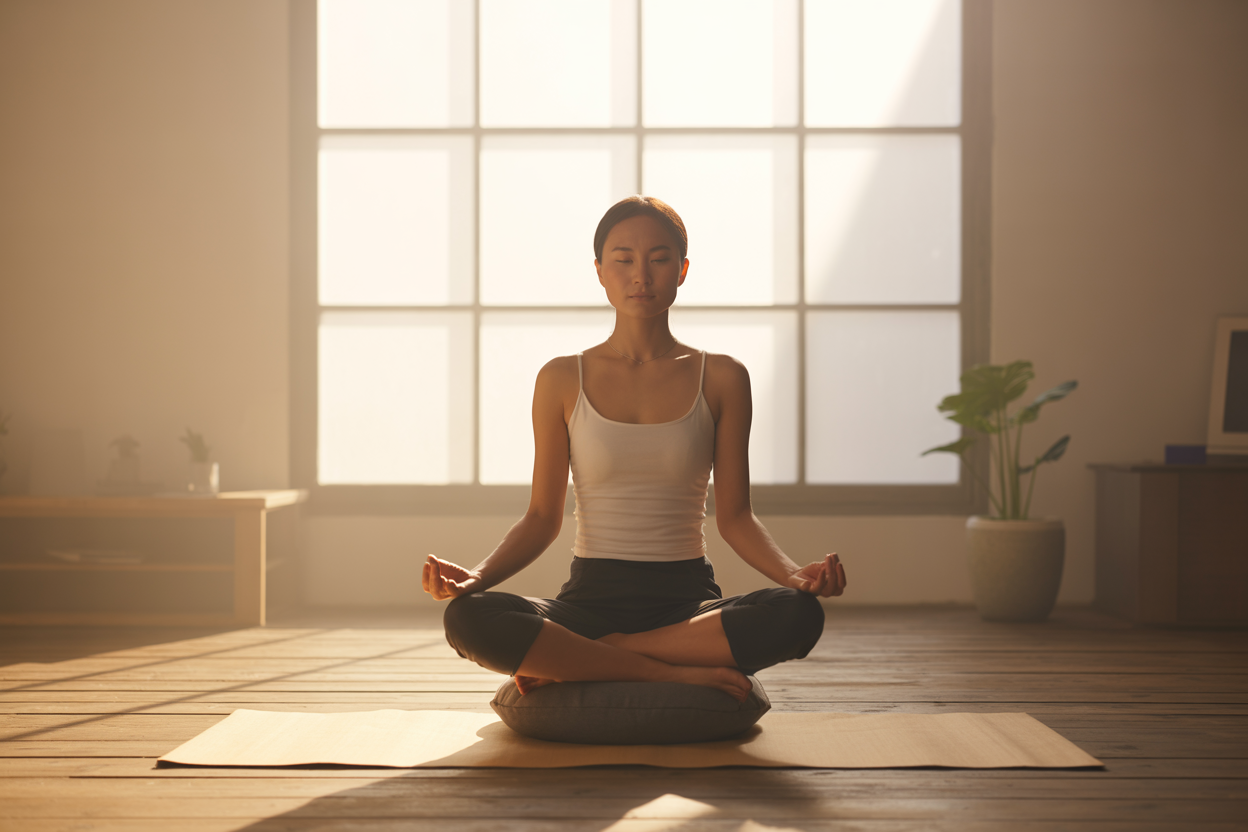 Create a realistic image of a serene Asian female sitting in lotus position on a simple meditation cushion in a minimalist room with soft natural lighting streaming through a large window, surrounded by subtle elements like a small potted plant, wooden floor, and clean white walls, conveying a sense of peaceful rebellion against busy modern life through the act of intentional stillness and mindfulness, with warm golden hour lighting creating gentle shadows and a calm, revolutionary atmosphere of doing nothing as a powerful act of resistance, absolutely NO text should be in the scene.