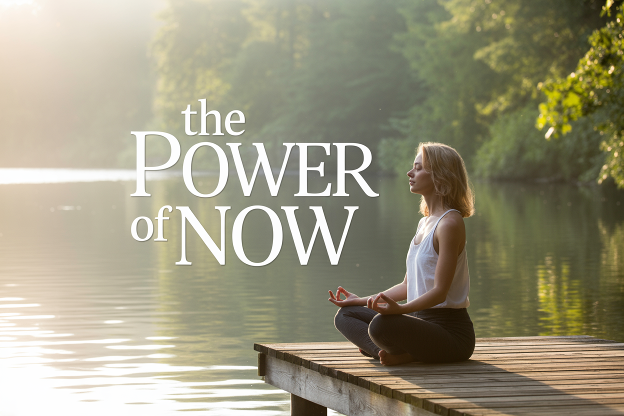Create a realistic image of a serene meditation scene featuring a peaceful white female in her 30s sitting cross-legged on a wooden dock overlooking a calm lake at golden hour, with soft sunlight filtering through misty air, surrounded by gentle ripples on the water surface, with the text "The Power of Now" elegantly overlaid in clean white typography in the upper portion of the image, conveying a sense of tranquility, mindfulness, and present moment awareness through warm lighting and natural elements.