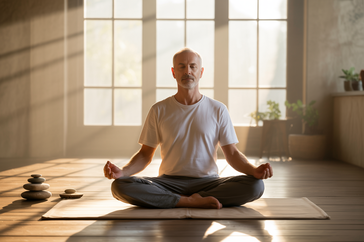 Create a realistic image of a serene meditation scene featuring a middle-aged white male sitting cross-legged in a peaceful lotus position on a wooden floor, eyes gently closed with a calm expression, surrounded by soft natural lighting streaming through large windows, with minimalist zen elements like a few smooth stones and a small potted plant nearby, capturing the essence of mindfulness and present moment awareness in a tranquil indoor space with warm earth tones and a sense of stillness and mental clarity. Absolutely NO text should be in the scene.