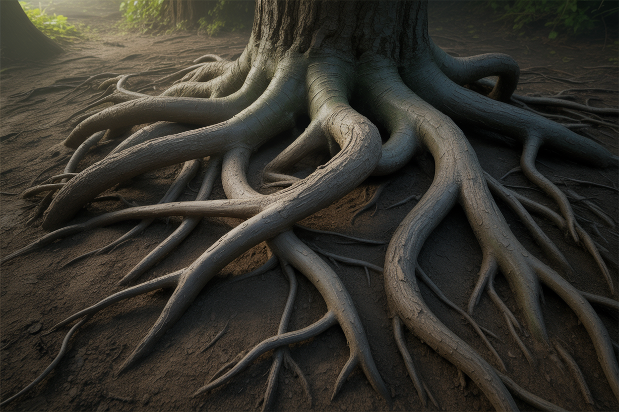 Create a realistic image of a close-up view of tangled tree roots emerging from dark soil, with some roots appearing knotted and intertwined while others branch out in complex patterns, set against a moody forest floor background with dappled natural lighting filtering through, creating shadows that emphasize the intricate and chaotic nature of the root system, symbolizing the complexity of mental patterns, with earthy brown and deep green tones dominating the scene, absolutely NO text should be in the scene.
