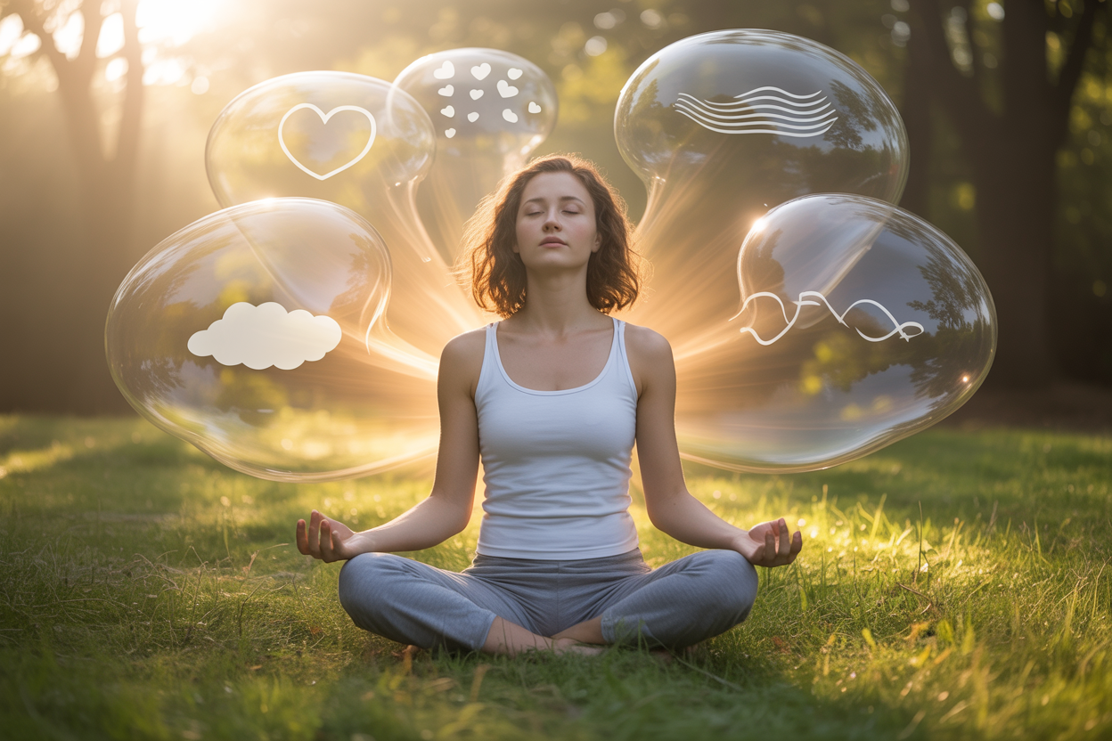 Create a realistic image of a peaceful white female in her 30s sitting in a serene meditation pose with eyes gently closed, surrounded by a soft ethereal glow, with translucent thought bubbles and emotional symbols (like hearts, clouds, and gentle waves) floating around her that are gradually dissolving into golden light particles, set against a calm natural background of soft morning sunlight filtering through trees, conveying a sense of inner transformation and emotional release, with warm golden and soft blue lighting creating a tranquil atmosphere, absolutely NO text should be in the scene.