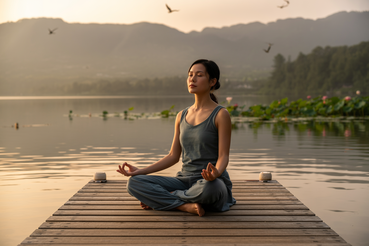 Create a realistic image of a serene Asian female in her 30s sitting in a peaceful meditation pose on a wooden dock extending over a calm lake at golden hour, with her eyes gently closed and a subtle peaceful expression, surrounded by soft ripples in the water reflecting warm sunset light, misty mountains in the distant background, a few floating lotus flowers nearby, gentle warm lighting creating a tranquil atmosphere that conveys inner peace and present moment awareness, with birds flying peacefully in the sky and subtle nature sounds implied through the serene setting, absolutely NO text should be in the scene.