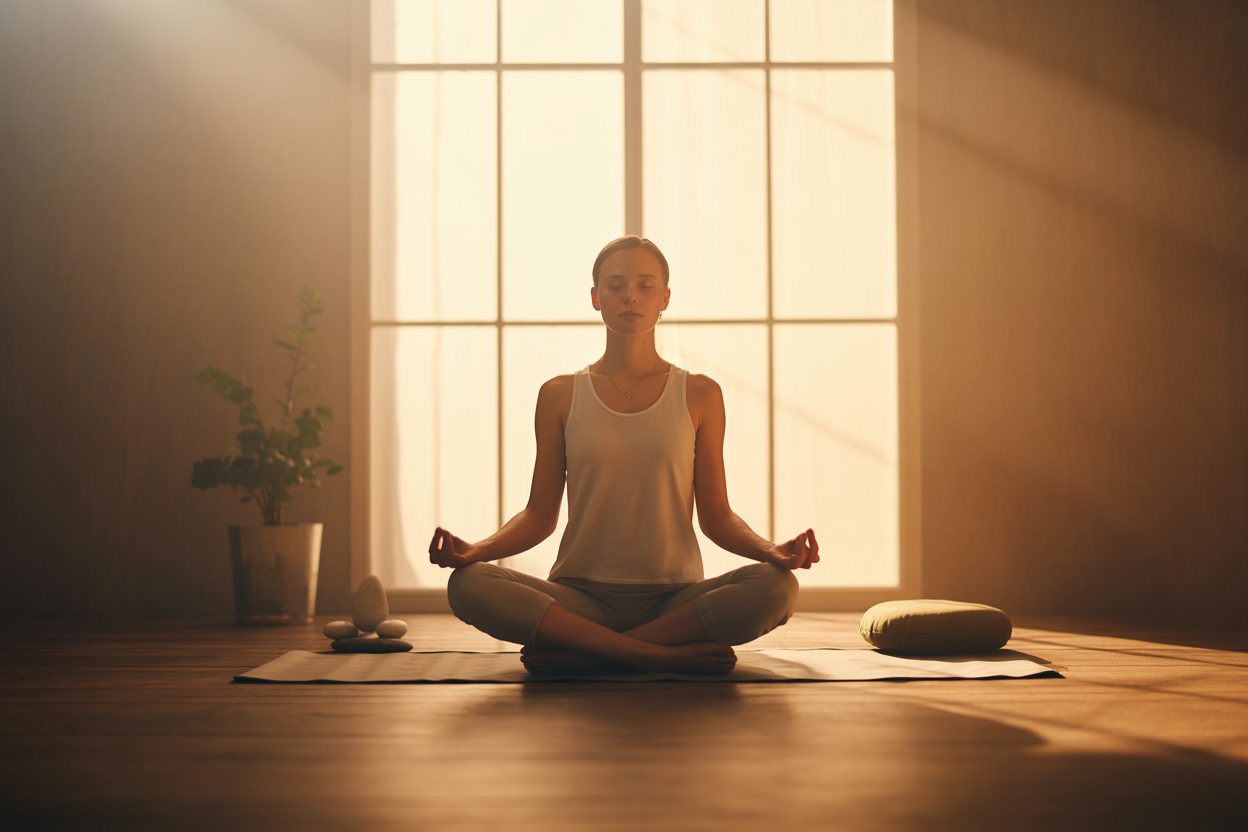 Create a realistic image of a serene meditation scene showing a white female person sitting cross-legged on a wooden floor in a minimalist room with soft natural lighting streaming through a large window, surrounded by subtle elements like a small potted plant, meditation cushion, and smooth stones, with her eyes gently closed in peaceful contemplation, captured in warm golden hour lighting that creates a calm and tranquil atmosphere perfect for mindfulness practice, absolutely NO text should be in the scene.