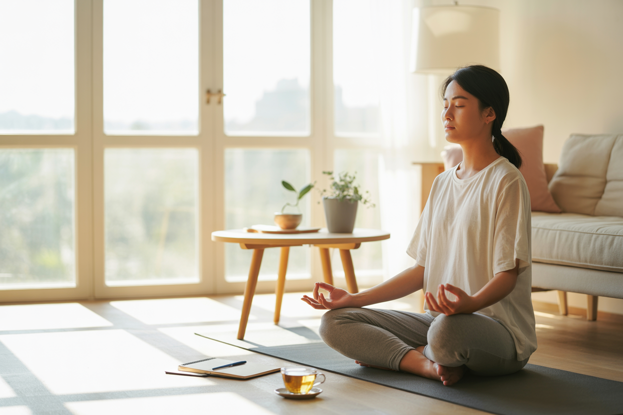 Create a realistic image of a serene morning scene showing a young Asian woman in comfortable clothing sitting cross-legged on a yoga mat in a bright, minimalist living room, with her eyes gently closed in meditation, surrounded by elements of daily mindfulness practices including a small journal with a pen nearby, a cup of herbal tea on a wooden side table, and a small potted plant, with soft natural sunlight streaming through large windows creating a peaceful atmosphere that conveys mental clarity and freedom from overthinking, absolutely NO text should be in the scene.