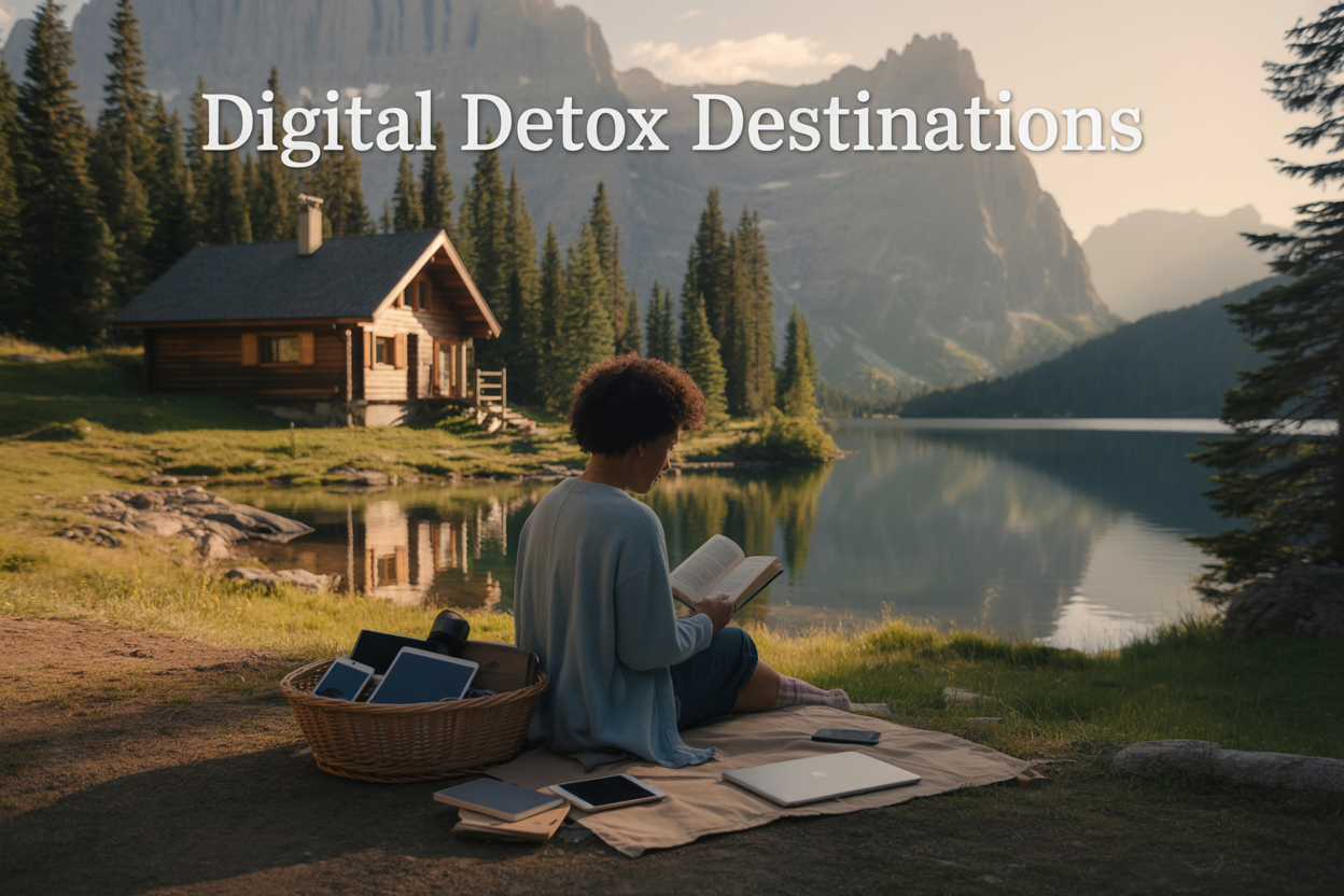 Create a realistic image of a serene mountain landscape at golden hour with a wooden cabin nestled among tall pine trees, a person of mixed race gender-neutral sitting on the cabin's porch reading a physical book with a pile of turned-off electronic devices (smartphone, laptop, tablet) placed in a basket beside them, peaceful lake reflecting the mountains in the background, warm sunset lighting creating a tranquil atmosphere, with the text "Digital Detox Destinations" elegantly overlaid in clean white font at the top of the image.