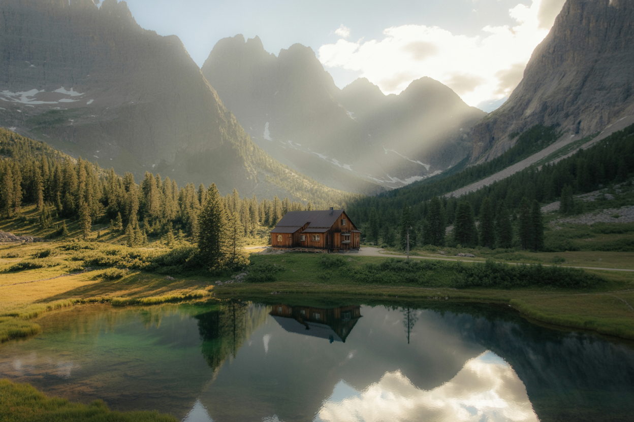 Create a realistic image of a serene mountain retreat nestled in a remote valley surrounded by towering snow-capped peaks, featuring a rustic wooden cabin with no visible power lines or cell towers, pristine wilderness with dense pine forests, a crystal-clear mountain lake reflecting the peaks, dramatic natural lighting with golden hour sunbeams filtering through the trees, emphasizing the isolated and peaceful atmosphere perfect for digital disconnection, with untouched natural landscape stretching endlessly into the distance, absolutely NO text should be in the scene.