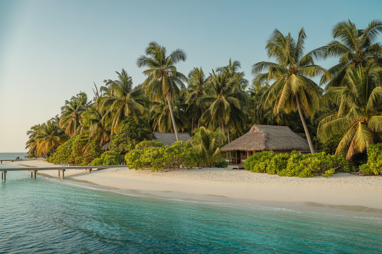 Create a realistic image of a pristine tropical island with crystal clear turquoise waters, untouched white sand beaches, and lush green palm trees swaying gently in the breeze, featuring a simple wooden dock extending into the calm ocean, traditional thatched-roof huts nestled among tropical vegetation, no modern buildings or infrastructure visible, with warm golden sunlight filtering through the palm fronds creating dappled shadows on the sand, conveying complete serenity and natural beauty in an undeveloped paradise setting, absolutely NO text should be in the scene.