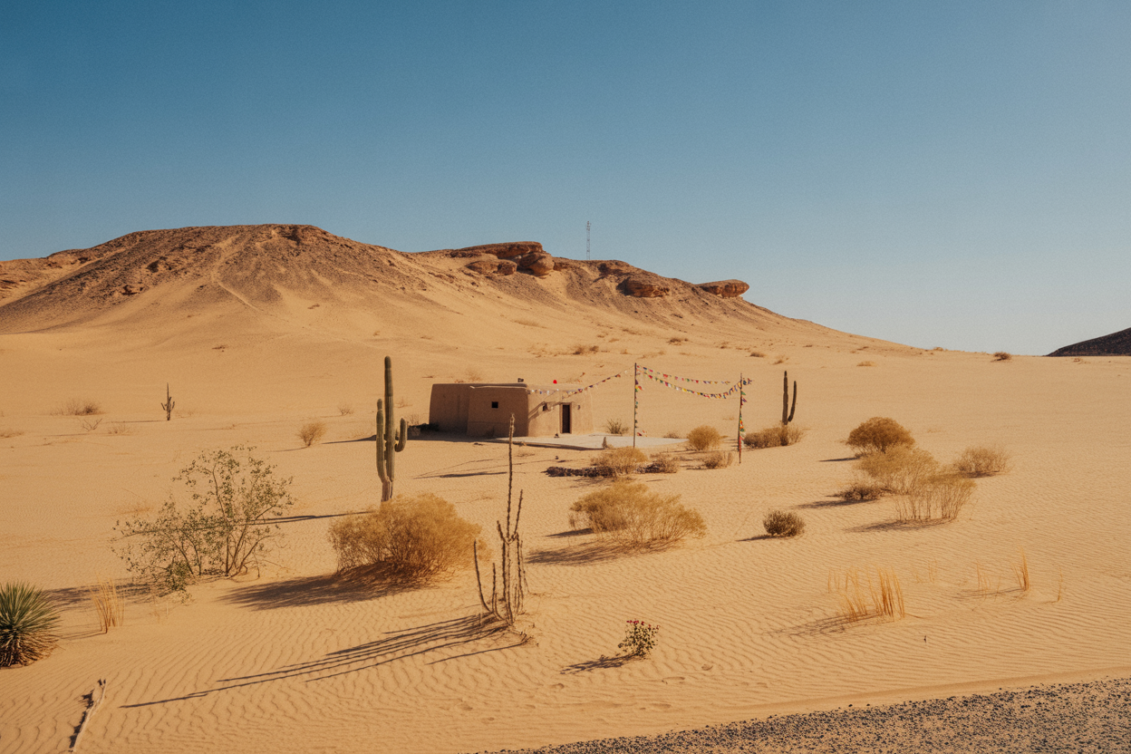 Create a realistic image of a vast, remote desert landscape with towering sand dunes and rocky outcroppings under a clear blue sky, featuring a simple adobe or stone meditation retreat structure nestled among the dunes, with prayer flags gently fluttering in the desert breeze, scattered desert vegetation like cacti and sparse shrubs, warm golden sunlight creating long shadows across the sand, conveying a sense of complete isolation and digital disconnection from modern technology, with no visible power lines, cell towers, or modern infrastructure anywhere in the scene, emphasizing the serene and untouched natural environment perfect for digital detox and spiritual retreat, absolutely NO text should be in the scene.