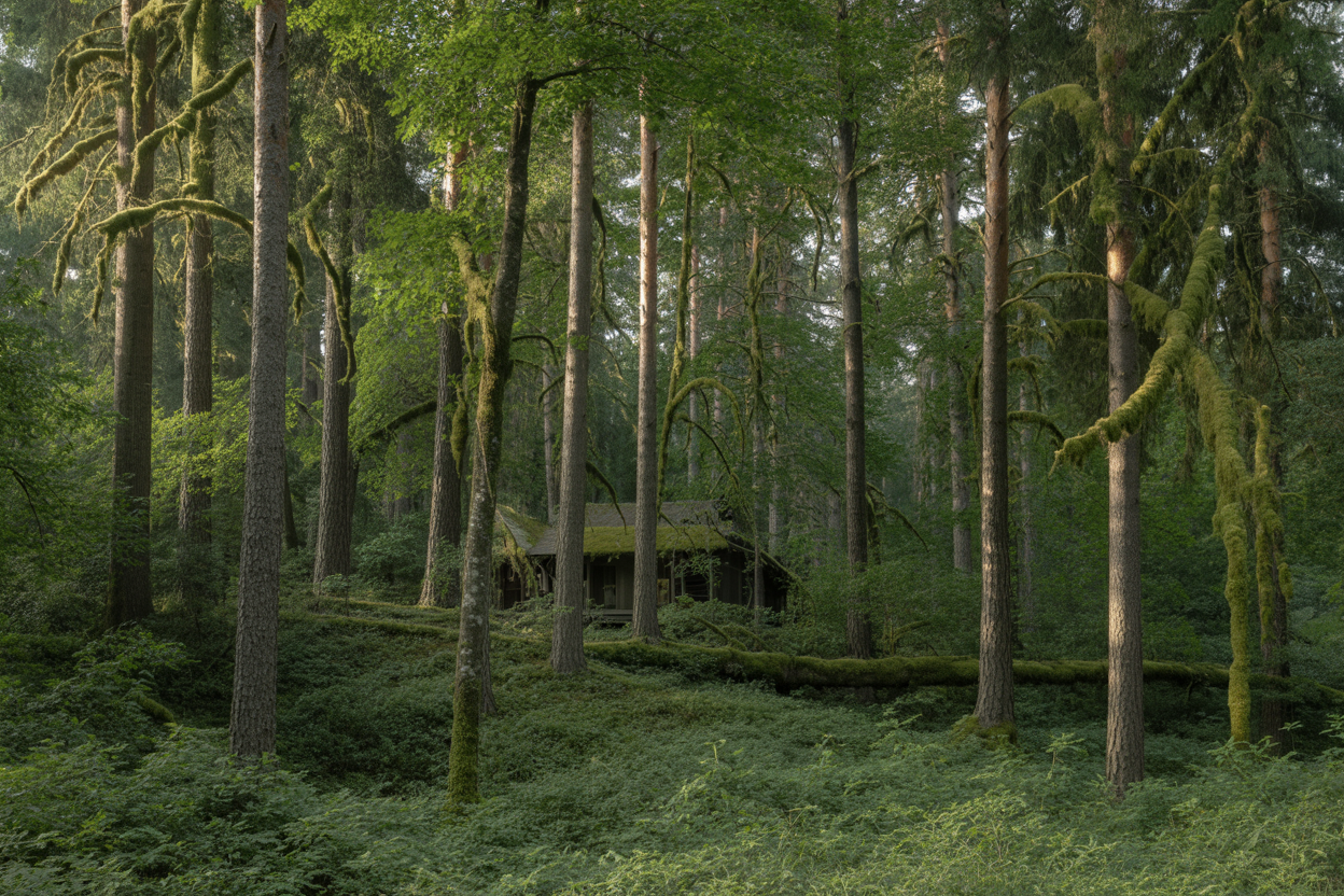 Create a realistic image of a dense, towering forest with thick canopy coverage blocking most sunlight, featuring tall pine and oak trees with heavy foliage creating natural barriers, moss-covered tree trunks and forest floor, dappled shadows filtering through leaves, a small rustic wooden cabin barely visible between the trees, misty atmosphere suggesting remote isolation, peaceful and serene mood with no signs of modern technology or civilization, natural lighting with soft green tones throughout the scene, absolutely NO text should be in the scene.