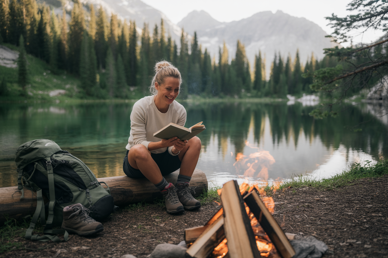 Create a realistic image of a peaceful outdoor scene showing a white female hiker sitting on a wooden log beside a crystal-clear mountain lake, reading a physical book with a genuine smile of contentment, surrounded by tall pine trees and distant snow-capped peaks, with her backpack and hiking boots nearby, a small campfire crackling softly in the foreground, warm golden hour lighting filtering through the forest canopy, creating a serene atmosphere of digital disconnection and natural immersion, absolutely NO text should be in the scene.