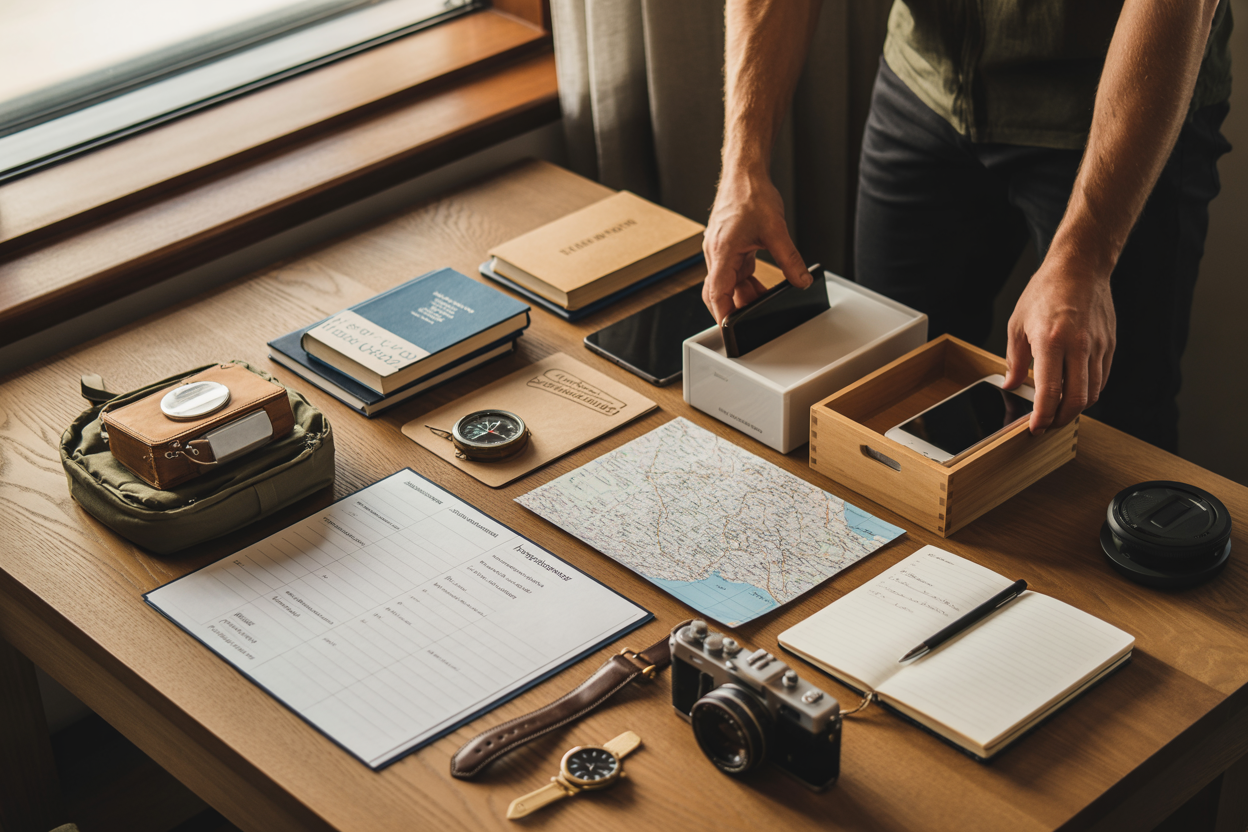 Create a realistic image of a neatly organized flat lay scene on a wooden table surface showing essential items for a digital detox trip including a physical paper map, compass, printed travel itinerary, handwritten notebook with pen, analog wristwatch, film camera, paperback books, and a small backpack, with a white male hand reaching to place a smartphone into a closed wooden box in the corner, warm natural lighting from a nearby window creating soft shadows, creating a preparation and planning mood that emphasizes disconnecting from technology, absolutely NO text should be in the scene.