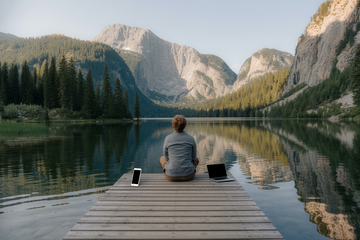Create a realistic image of a serene person sitting peacefully on a wooden dock extending into a calm mountain lake, with their smartphone and laptop placed beside them but clearly turned off and unused, surrounded by towering pine trees and snow-capped mountains in the background, golden hour lighting casting warm reflections on the still water, the person appearing relaxed and contemplative while looking out at the natural landscape, with no visible cell towers or modern infrastructure, conveying a sense of complete digital disconnection and tranquility in nature, absolutely NO text should be in the scene.