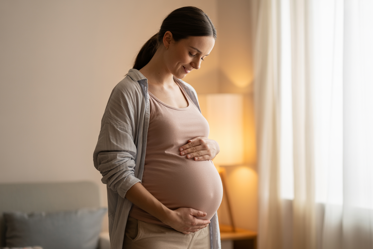 Create a realistic image of a pregnant woman in her second trimester wearing comfortable maternity clothes, gently holding her rounded belly with both hands while looking down with a peaceful, contemplative expression, standing in a softly lit room with warm natural lighting streaming through a window, surrounded by a serene atmosphere that conveys self-awareness and body acceptance during pregnancy, with soft pastel colors and a clean, minimalist background that suggests a calm indoor space, absolutely NO text should be in the scene.