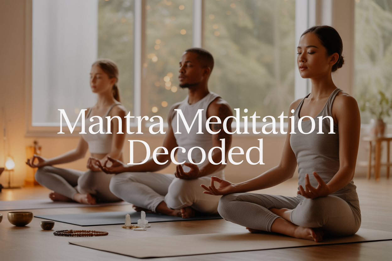 Create a realistic image of a serene meditation scene featuring a diverse group of three people - a white female, a black male, and an Asian female - sitting cross-legged in a peaceful lotus position on yoga mats in a softly lit room with warm natural lighting streaming through large windows, surrounded by subtle spiritual elements like singing bowls, mala beads, and small crystals, with soft golden and warm beige tones creating a calming atmosphere, and the text "MANTRA MEDITATION DECODED" elegantly overlaid in modern, clean typography at the top of the image, while gentle shadows and soft focus background elements enhance the tranquil, mindful ambiance of personal spiritual practice and inner connection.