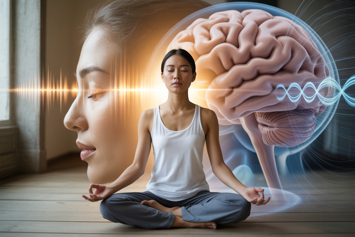 Create a realistic image of a serene meditation scene showing a cross-section view that blends spiritual practice with scientific visualization, featuring a peaceful Asian female meditator in lotus position with eyes closed in the foreground, while the background seamlessly transitions into abstract representations of brain neural networks with soft glowing synapses, sound waves emanating from her mouth area, and subtle sacred geometry patterns floating in the space around her, all set in a calm indoor environment with soft natural lighting filtering through, creating a harmonious blend of ancient wisdom and modern neuroscience, with warm golden and blue tones throughout the composition, absolutely NO text should be in the scene.