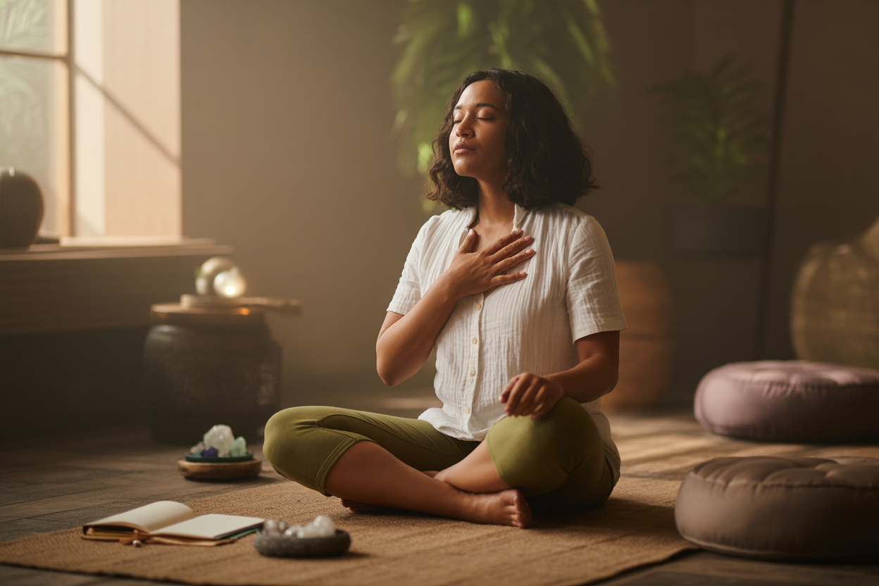 Create a realistic image of a diverse woman with medium skin tone sitting cross-legged in a peaceful indoor meditation space, her eyes gently closed in contemplative thought with one hand placed over her heart, surrounded by soft natural lighting from a nearby window, with subtle meditation elements like a small journal, crystals, and a cushion nearby, creating a serene atmosphere that conveys self-reflection and personal goal-setting, with warm earth tones and soft shadows, absolutely NO text should be in the scene.