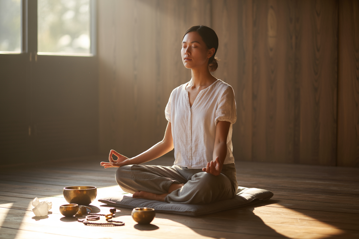 Create a realistic image of a peaceful Asian female meditator in her 30s sitting cross-legged on a meditation cushion in a serene indoor space, with her eyes gently closed and hands resting in mudra position, surrounded by soft natural lighting from a nearby window, with subtle elements like singing bowls, mala beads, and crystals arranged thoughtfully around her on a wooden floor, creating an atmosphere of spiritual exploration and mindful selection, with warm golden hour lighting casting gentle shadows, conveying a sense of inner discovery and connection. Absolutely NO text should be in the scene.
