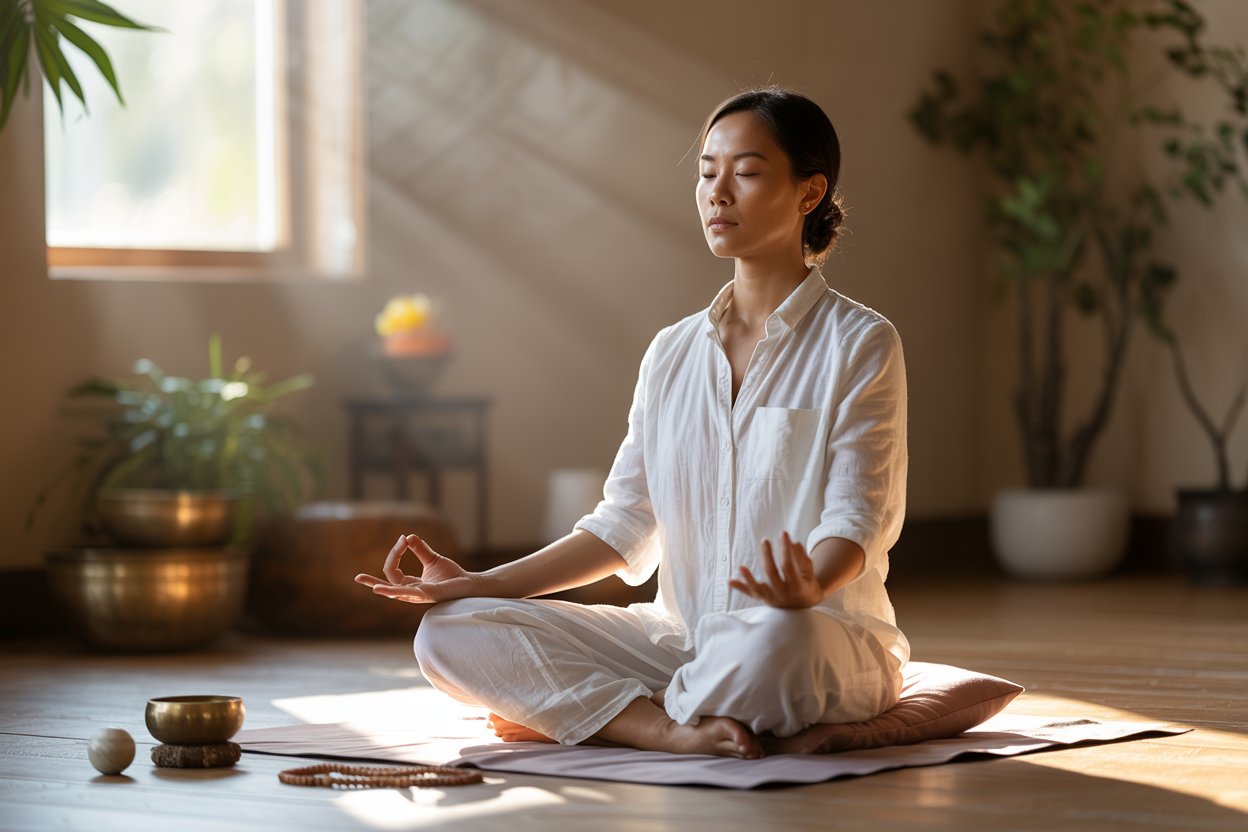Create a realistic image of a serene Asian female meditator sitting in lotus position on a cushion in a peaceful indoor space, with her eyes gently closed and hands resting in a mudra gesture, surrounded by soft natural lighting from a nearby window, with subtle elements like a singing bowl, mala beads, and a small plant in the background, capturing the essence of focused mantra meditation practice in warm, calming tones. Absolutely NO text should be in the scene.
