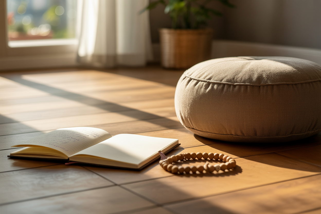 Create a realistic image of a peaceful meditation space with subtle visual elements suggesting problem-solving, featuring a comfortable meditation cushion on a wooden floor, soft natural lighting filtering through a window, a small table with a partially open notebook showing handwritten notes, a few scattered meditation beads, and gentle shadows creating a contemplative atmosphere that conveys the process of working through meditation challenges, with warm earth tones and a serene indoor setting. Absolutely NO text should be in the scene.
